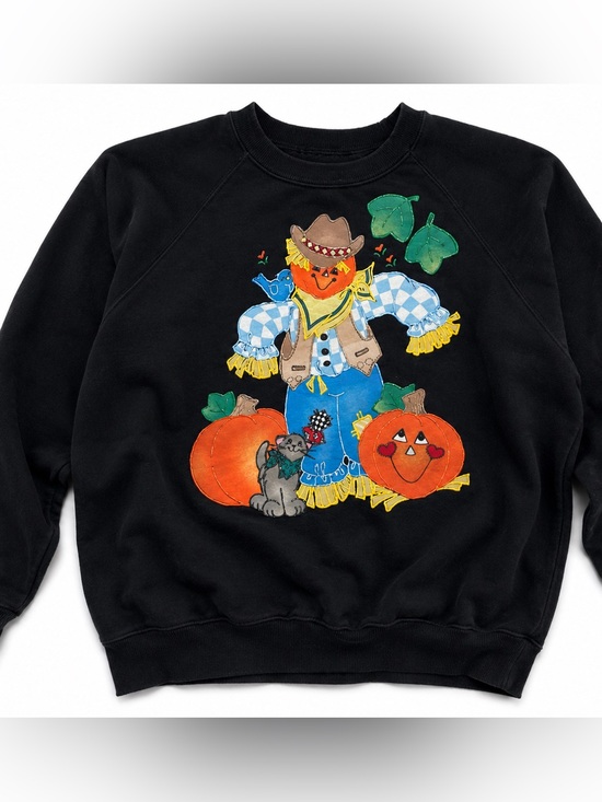 Vintage Tops - Vintage 90s Halloween Sweatshirt Scarecrow Pumpkin Cat Appliqué - large